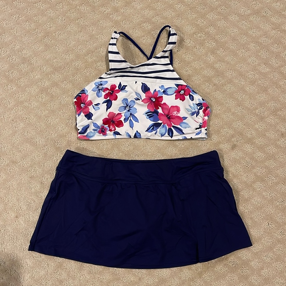 JCrew bikini.  Fitted swim skirt bottoms and floral top.  Both in size 10